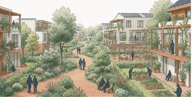 Illustrazione di un quartiere Evergreen con abitazioni, percorsi pedonali, orti e spazi verdi condivisi